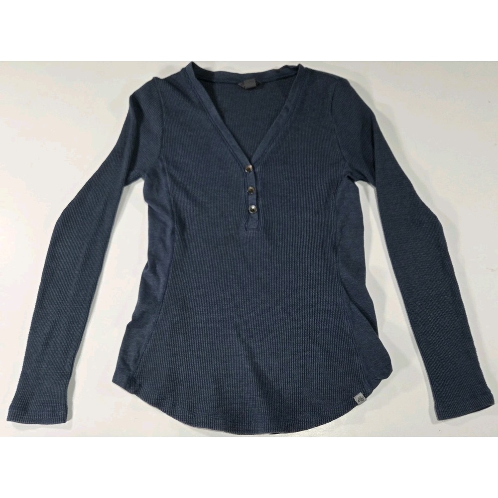 Eddie Bauer Waffle Knit Henley Long Sleeve Tee Sz XS Blue Cabincore Cozy Outdoor